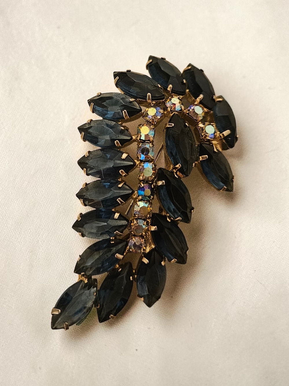 Antique/Vintage Gold-Tone Navy Blue Crystal Leaf Brooch - Women Jewelry